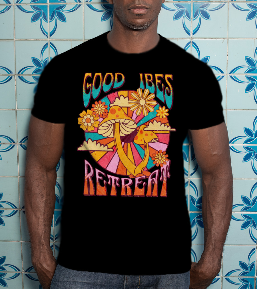 Good Vibes Retreat Mushroom Flowers Retro Psychedelic T-Shirt
