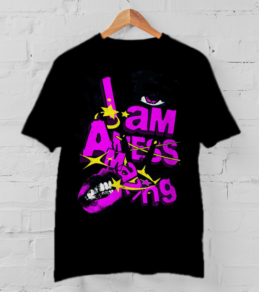 I Am Amazing Bold Eye And Lips Starburst Pink And Yellow T-Shirt