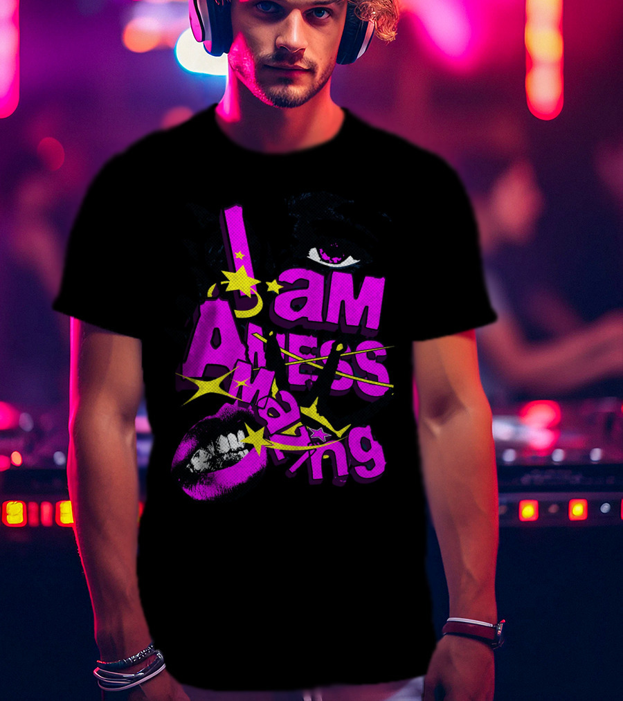 I Am Amazing Bold Eye And Lips Starburst Pink And Yellow T-Shirt