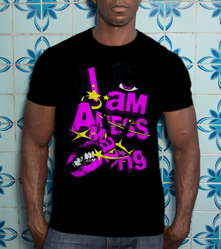 I Am Amazing Bold Eye And Lips Starburst Pink And Yellow T-Shirt