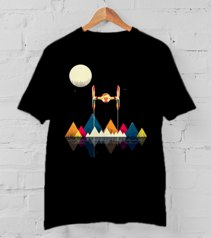 Imperial Fighter Tie Spaceship Over Geometric Mountains And Moon T-Shirt