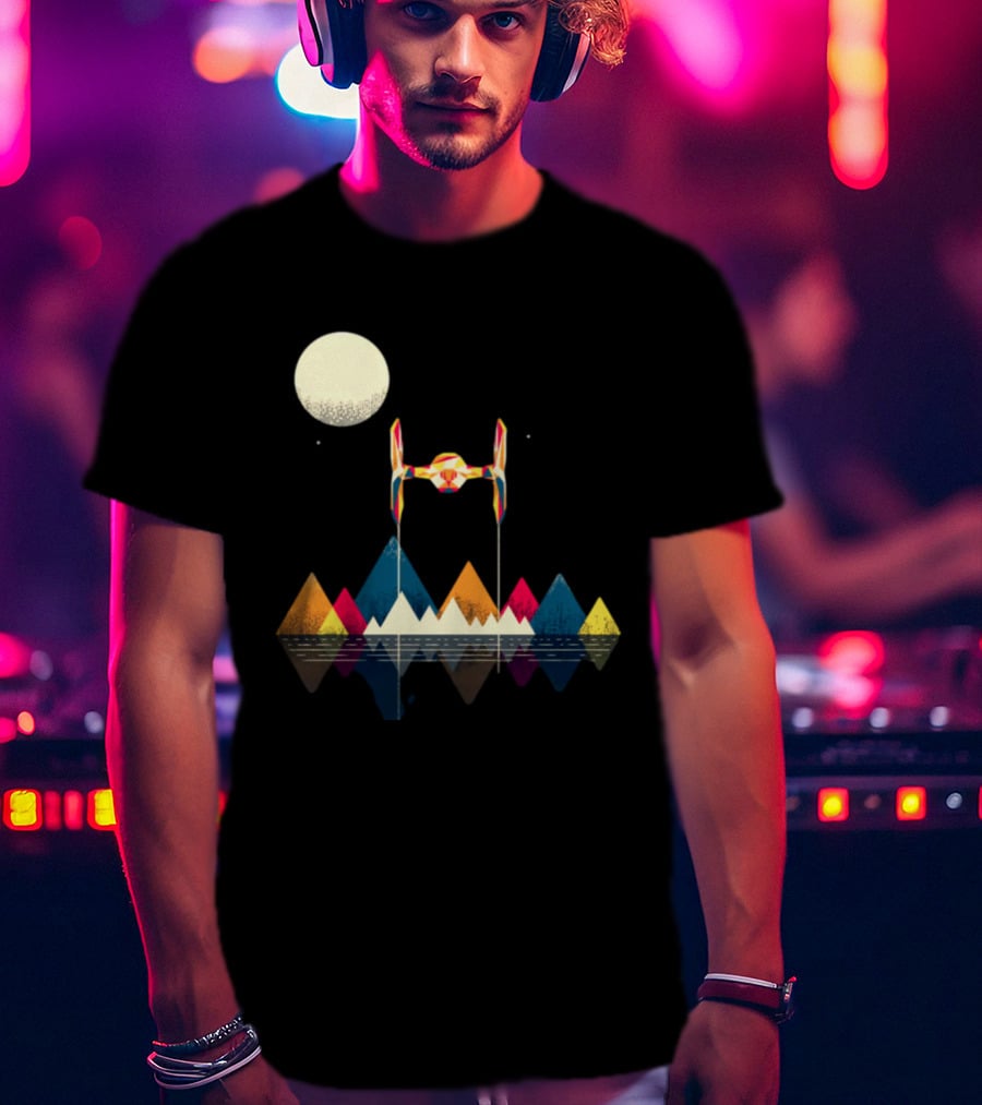 Imperial Fighter Tie Spaceship Over Geometric Mountains And Moon T-Shirt