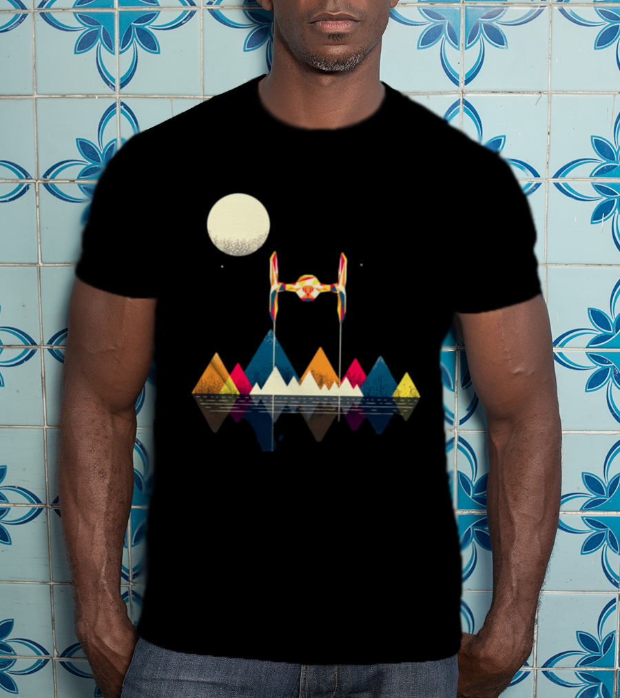 Imperial Fighter Tie Spaceship Over Geometric Mountains And Moon T-Shirt
