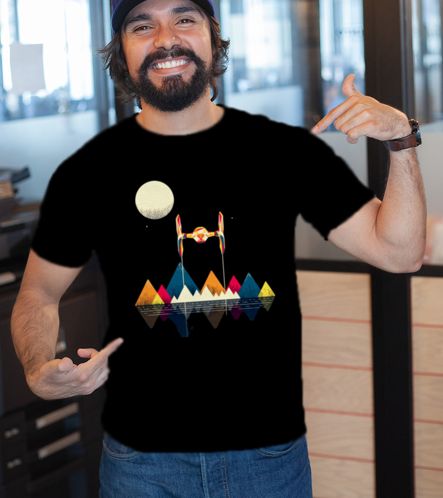 Imperial Fighter Tie Spaceship Over Geometric Mountains And Moon T-Shirt