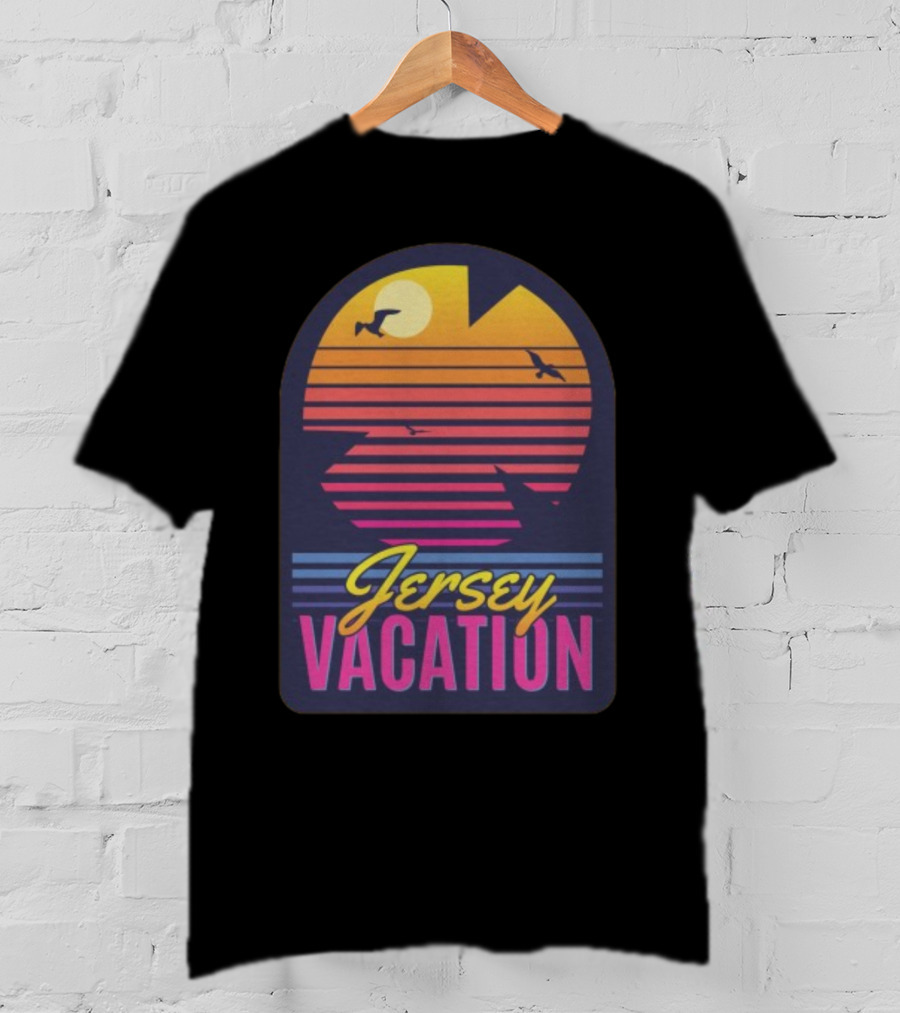 Jersey Vacation Retro Sunset Beach Scene With Birds And Stripes T-Shirt