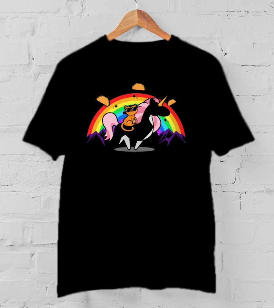 Cat Riding Unicorn With Rainbow And Tacos Magical Adventure T-Shirt