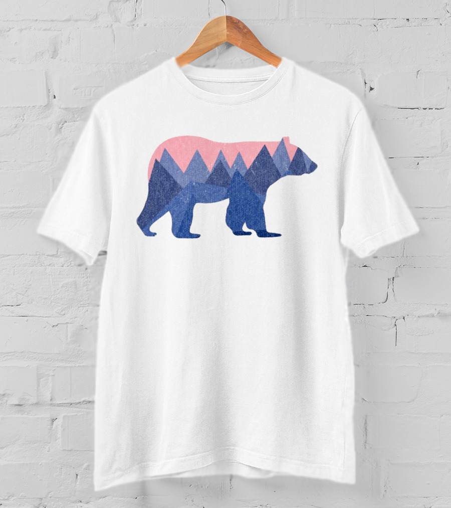 Mountain Bear Silhouette With Geometric Peaks In Blue And Pink T-Shirt