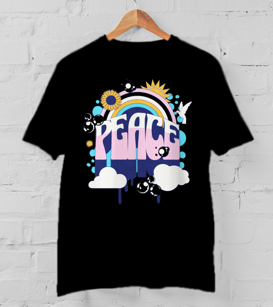 Peace Colorful Rainbow Sunflower Clouds Dove And Good Vibes T-Shirt