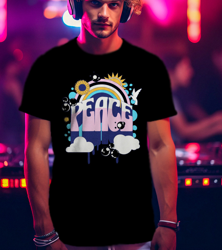 Peace Colorful Rainbow Sunflower Clouds Dove And Good Vibes T-Shirt