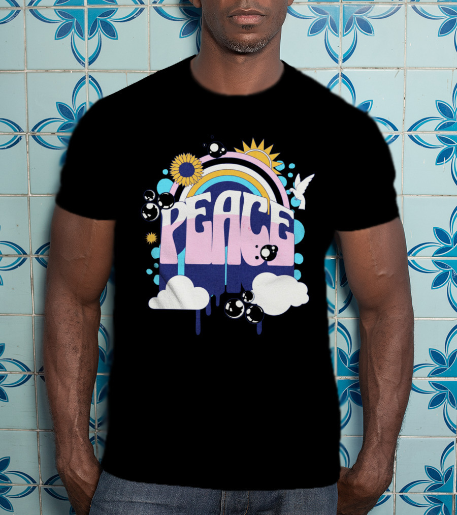 Peace Colorful Rainbow Sunflower Clouds Dove And Good Vibes T-Shirt