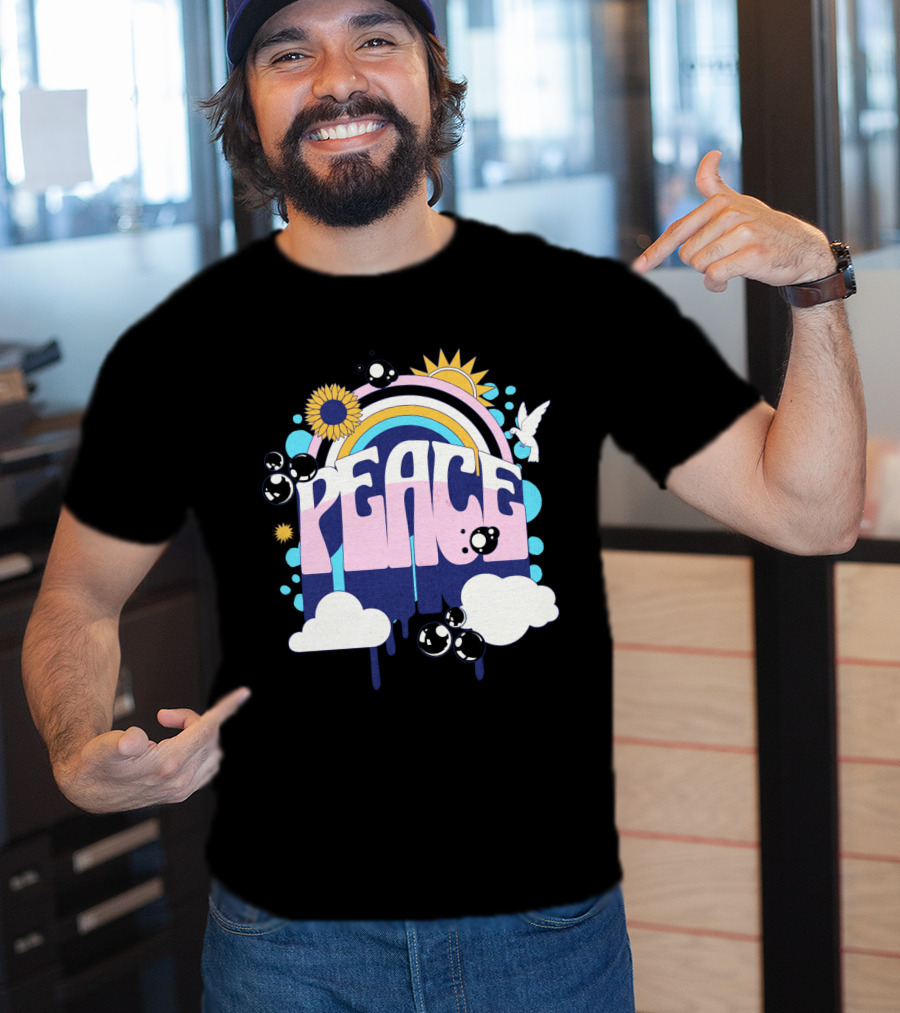 Peace Colorful Rainbow Sunflower Clouds Dove And Good Vibes T-Shirt