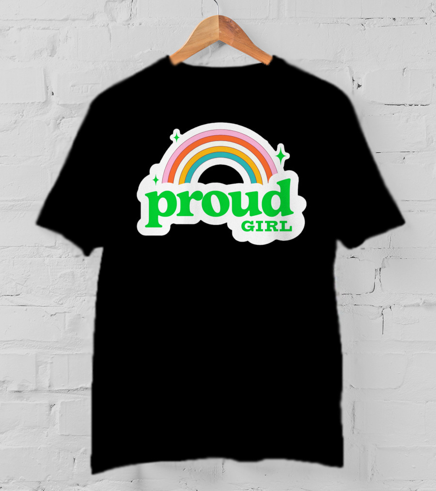 Proud Girl Green Text Rainbow With Sparkles T-Shirt