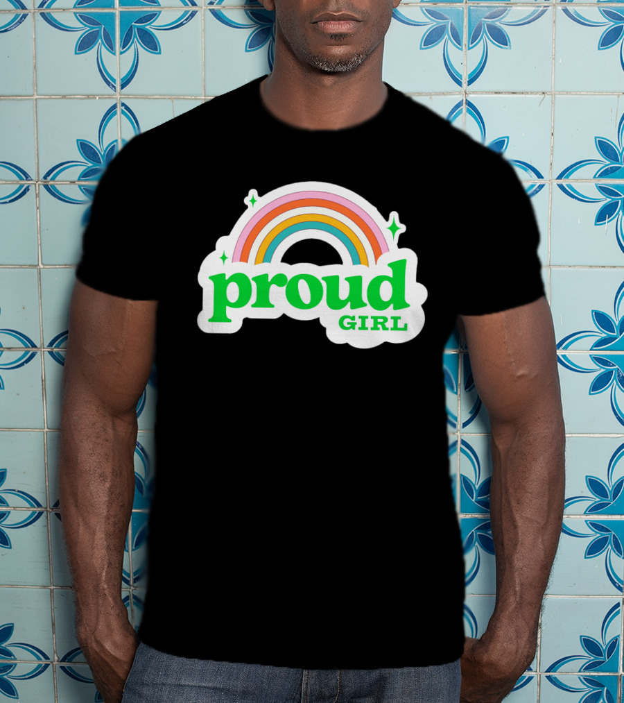 Proud Girl Green Text Rainbow With Sparkles T-Shirt