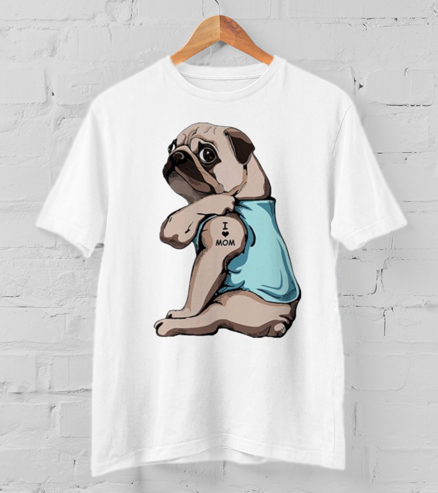 Pug I Love Mom Tattoo Blue T-Shirt