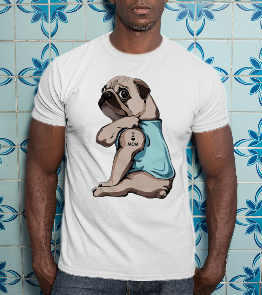 Pug I Love Mom Tattoo Blue T-Shirt