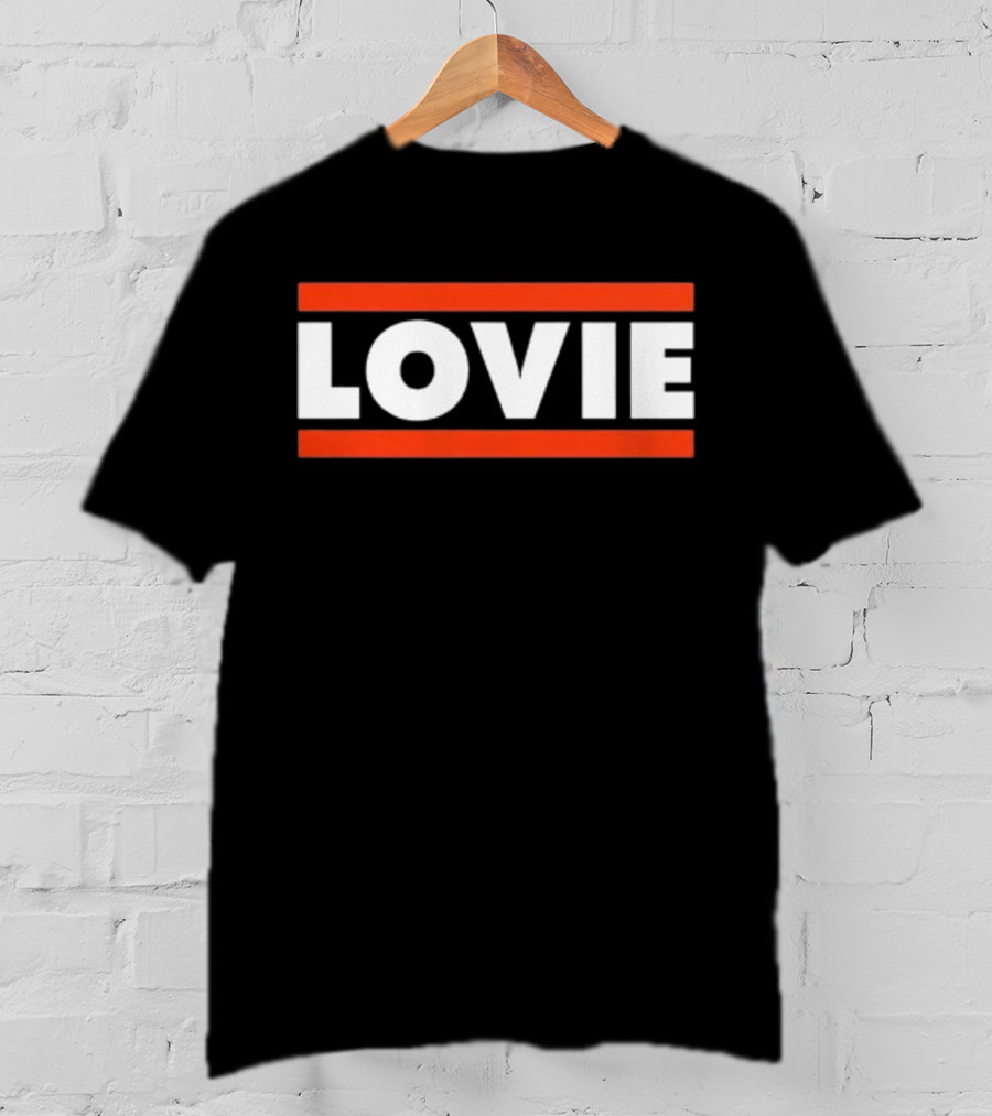 LOVIE Bold Block Letters With Red Stripes T-Shirt