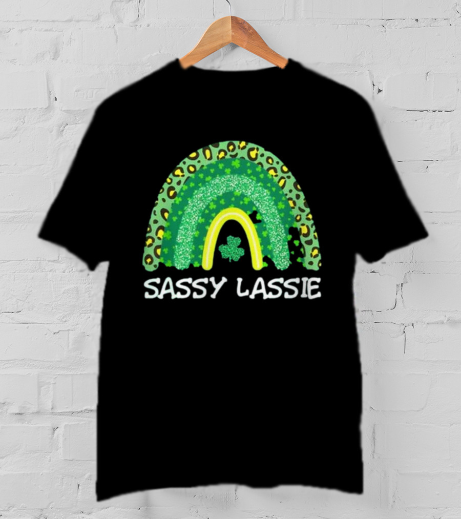 St Patricks Day Women Funny Sassy Lassie Leopard Rainbow Shamrock T-Shirt