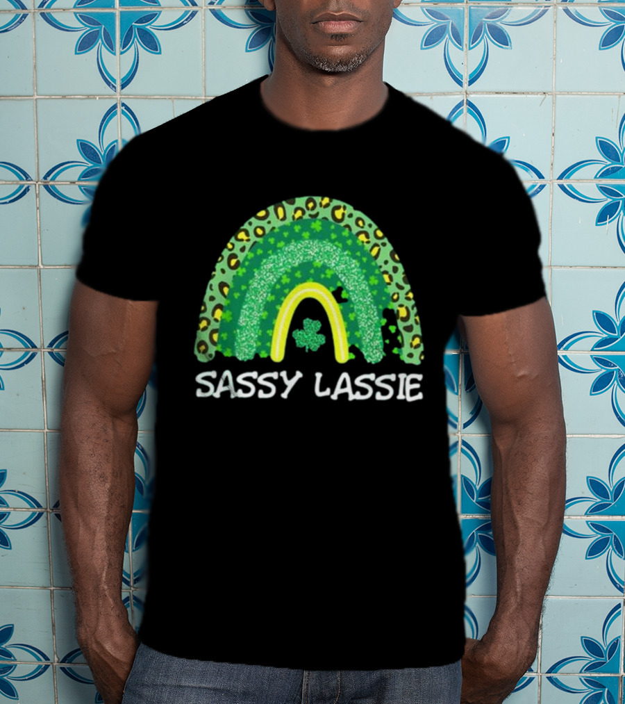 St Patricks Day Women Funny Sassy Lassie Leopard Rainbow Shamrock T-Shirt