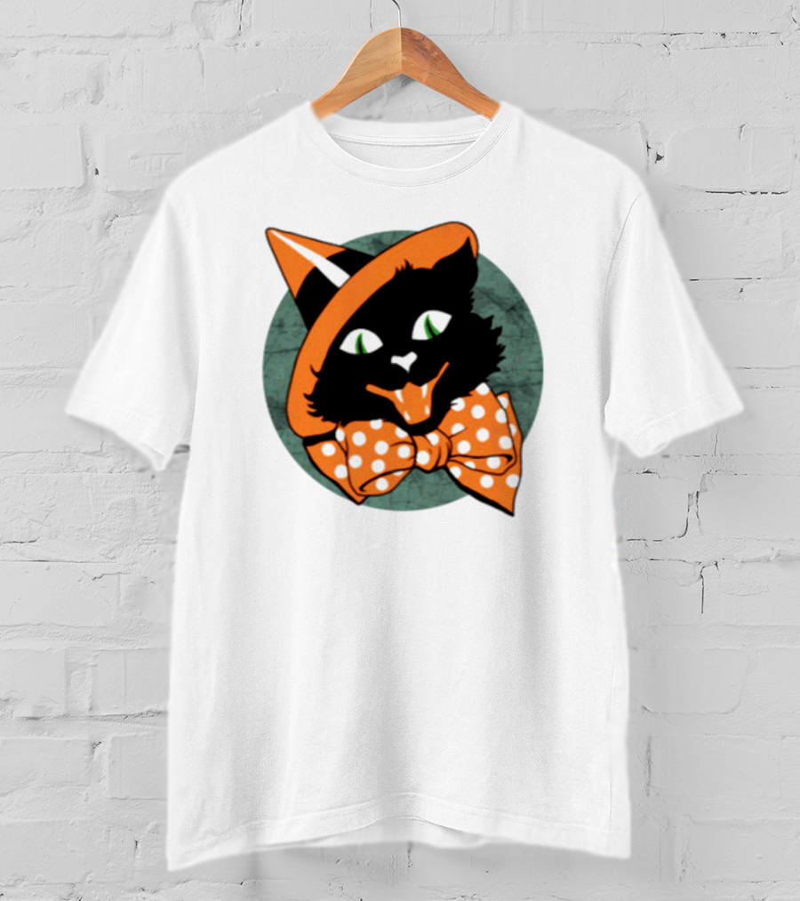 Halloween Black Cat Vintage Witch Hat Polka Dot Bow Tie T-Shirt