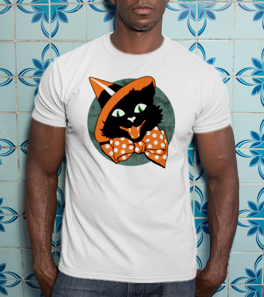 Halloween Black Cat Vintage Witch Hat Polka Dot Bow Tie T-Shirt