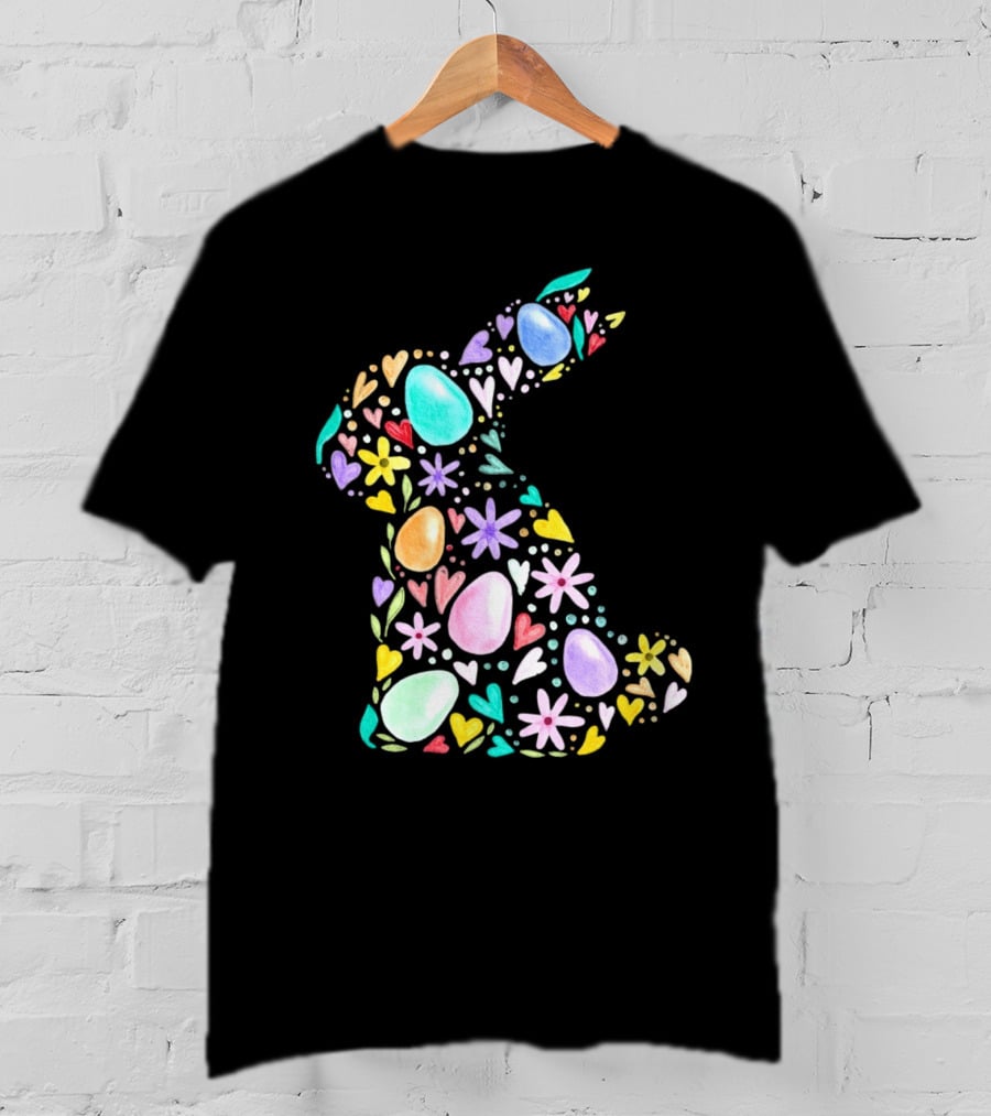 Rabbit Easter Day Colorful Eggs Hearts Flowers T-Shirt
