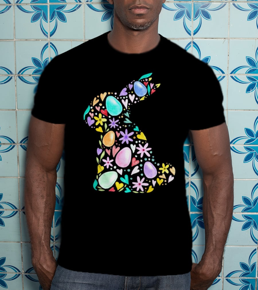 Rabbit Easter Day Colorful Eggs Hearts Flowers T-Shirt