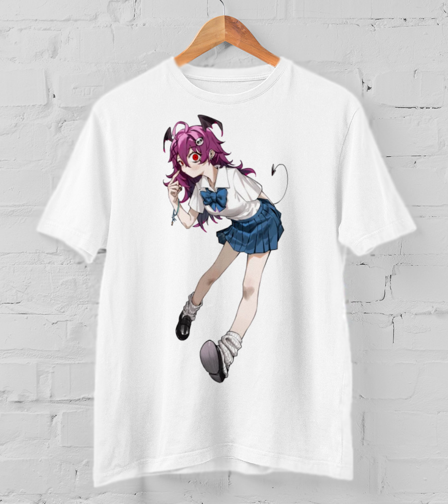 Devil Girl Anime School Uniform Purple Hair Horns Tail T-Shirt
