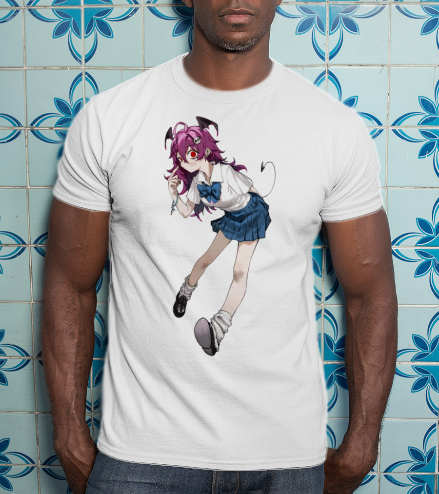 Devil Girl Anime School Uniform Purple Hair Horns Tail T-Shirt