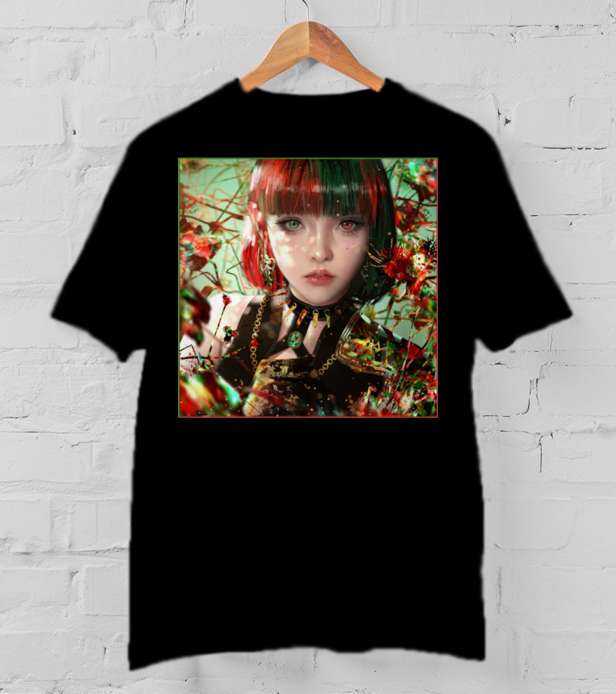 Green Red Sticker Fantasy Portrait Vibrant Blossoms Dual-Tone Hair T-Shirt