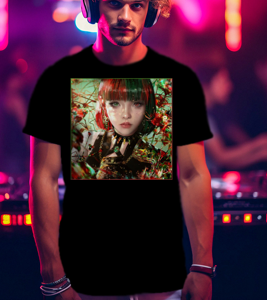 Green Red Sticker Fantasy Portrait Vibrant Blossoms Dual-Tone Hair T-Shirt