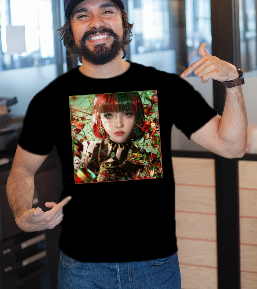 Green Red Sticker Fantasy Portrait Vibrant Blossoms Dual-Tone Hair T-Shirt