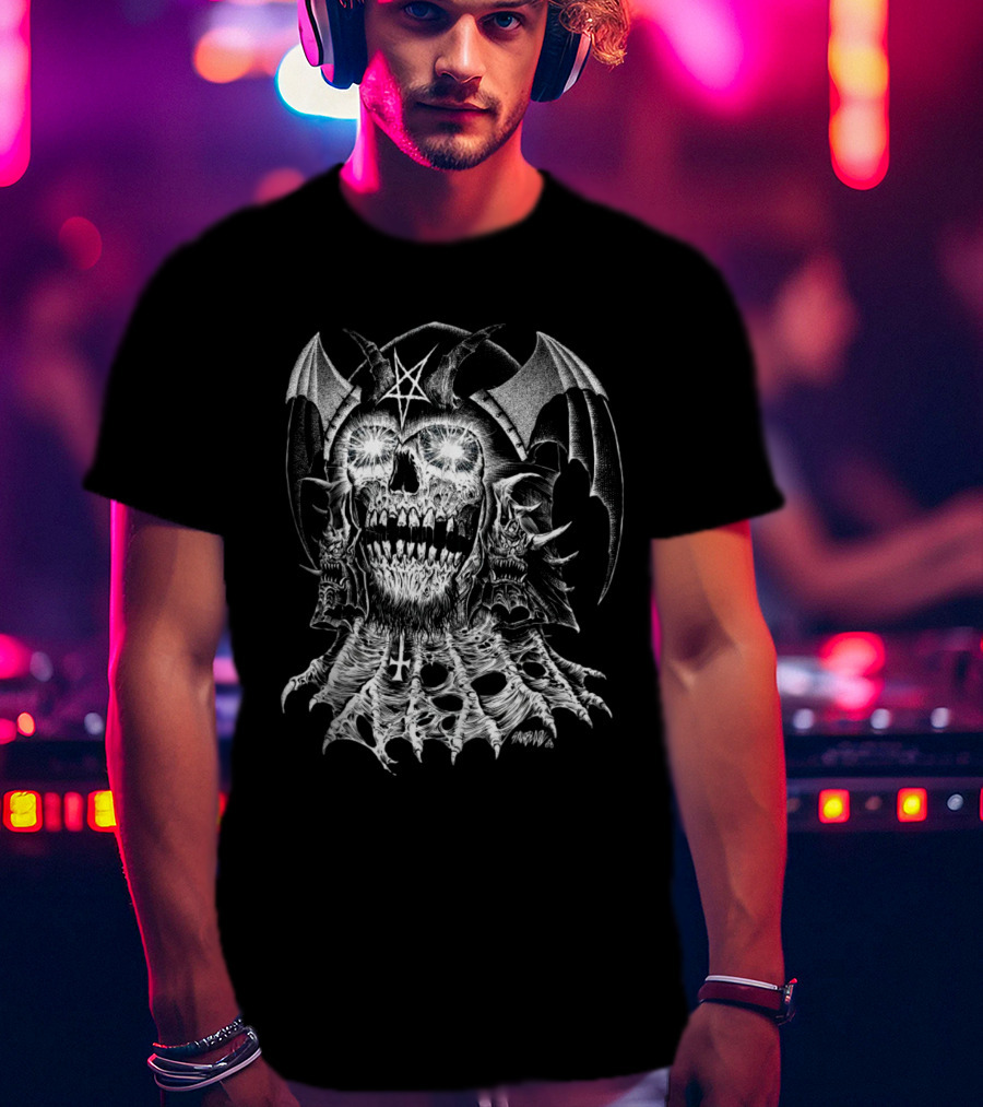 Lucifer's Helm Infernal Skull With Pentagram And Bat Wings T-Shirt