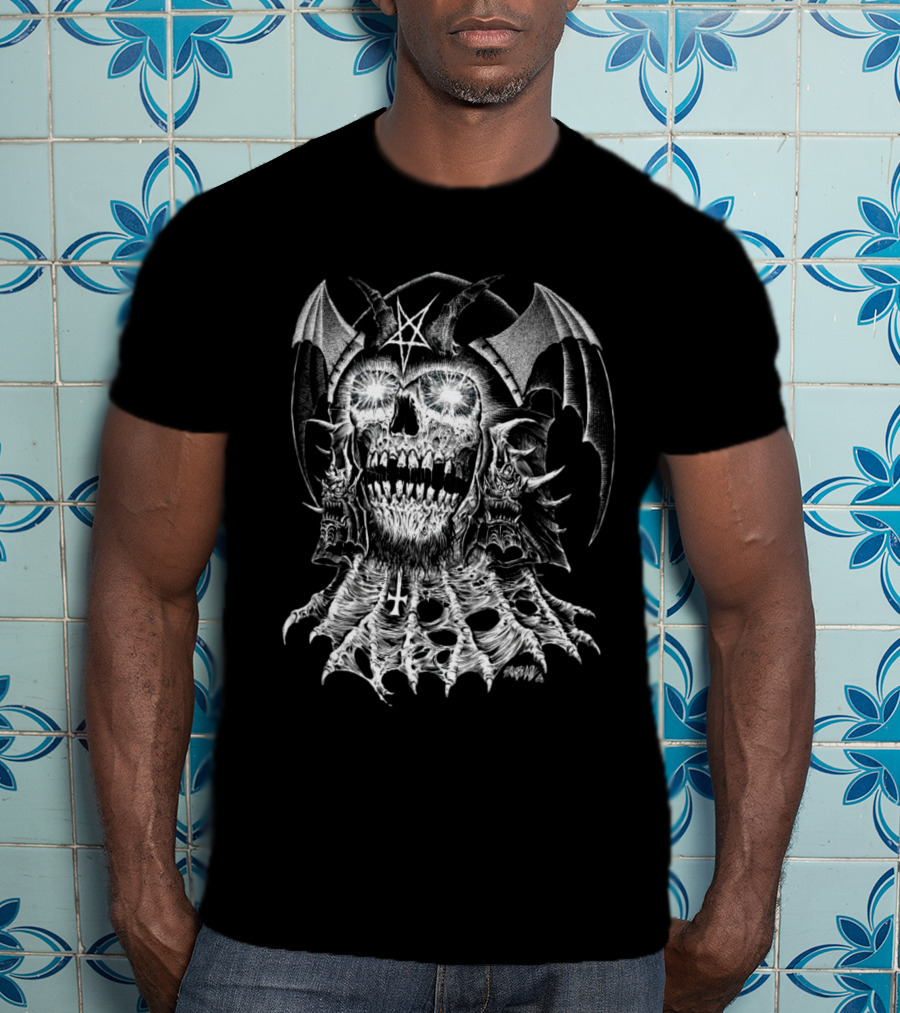 Lucifer's Helm Infernal Skull With Pentagram And Bat Wings T-Shirt