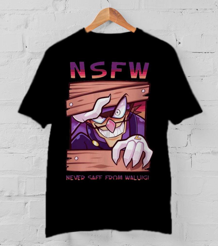 NSFW Never Safe From Waluigi Spaicy Waluigi Peeking Through Wooden Planks T-Shirt