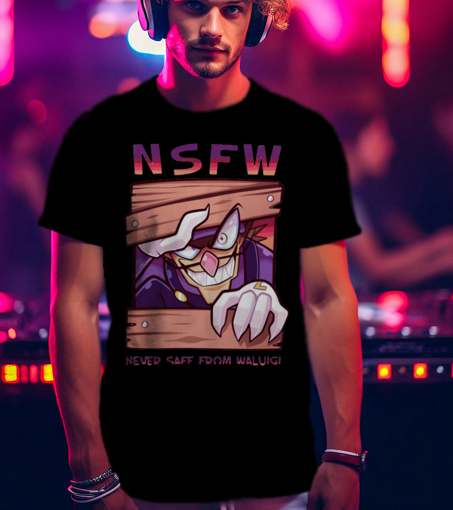 NSFW Never Safe From Waluigi Spaicy Waluigi Peeking Through Wooden Planks T-Shirt