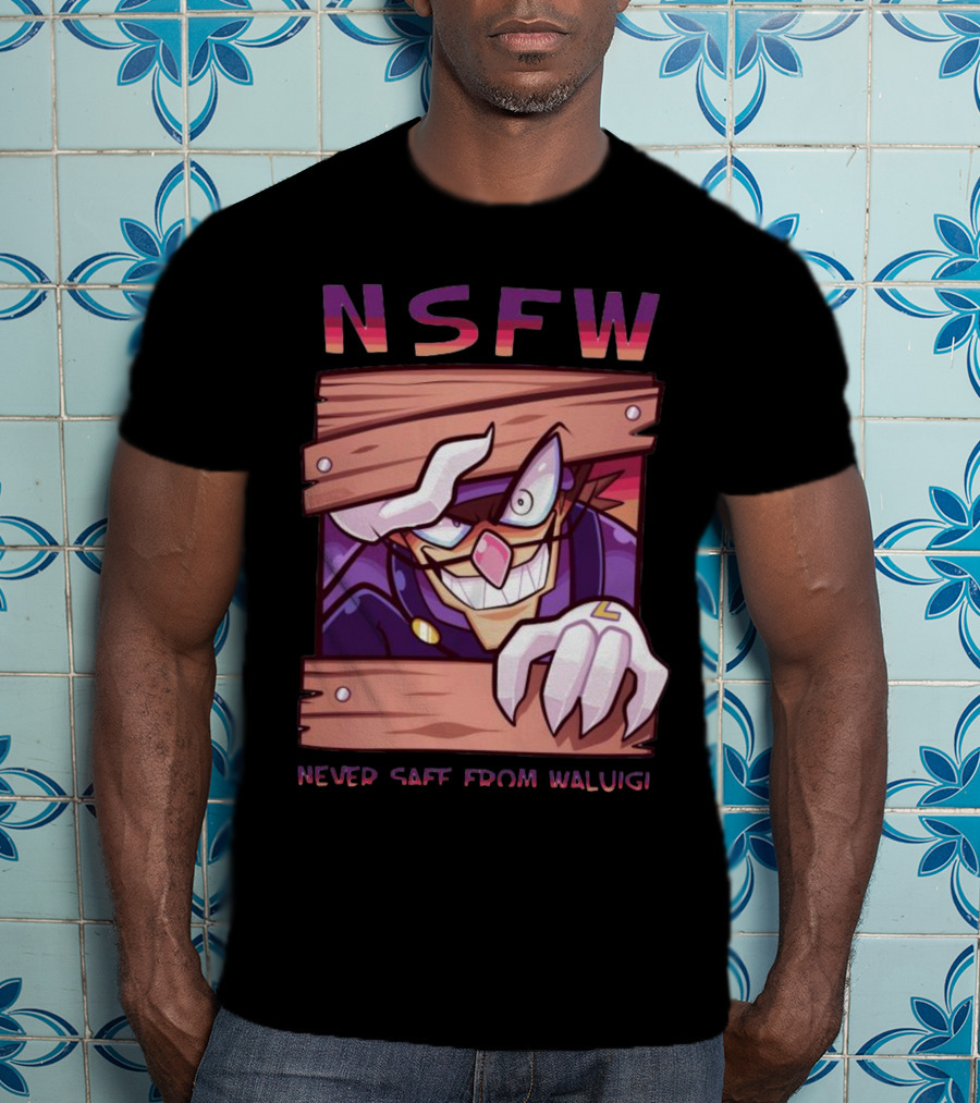 NSFW Never Safe From Waluigi Spaicy Waluigi Peeking Through Wooden Planks T-Shirt
