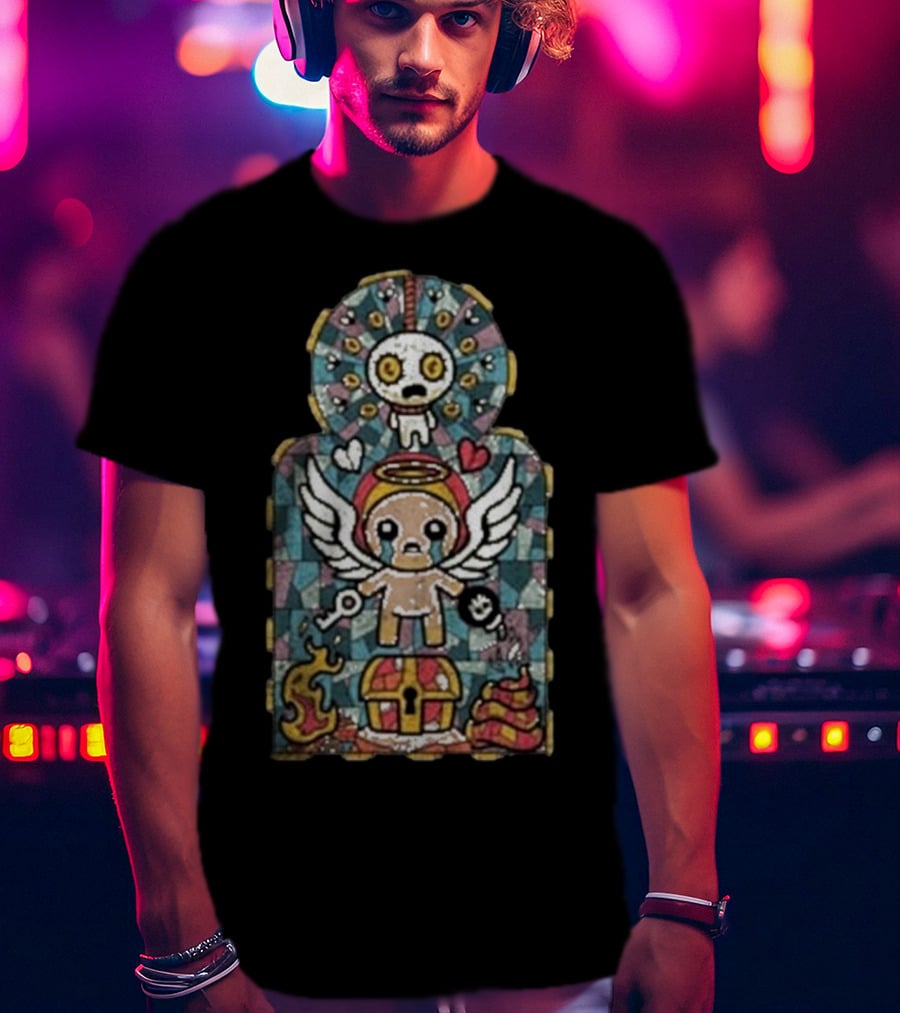 Binding Of Isaac Angel Key Heart Chest Poop Mosaic T-Shirt