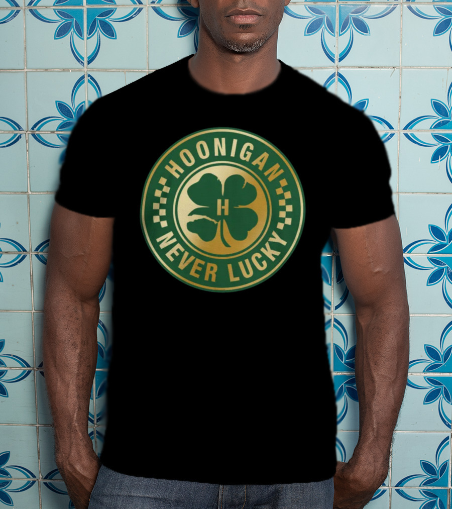 Hoonigan Never Lucky Four Leaf Clover Checkerboard Badge T-Shirt