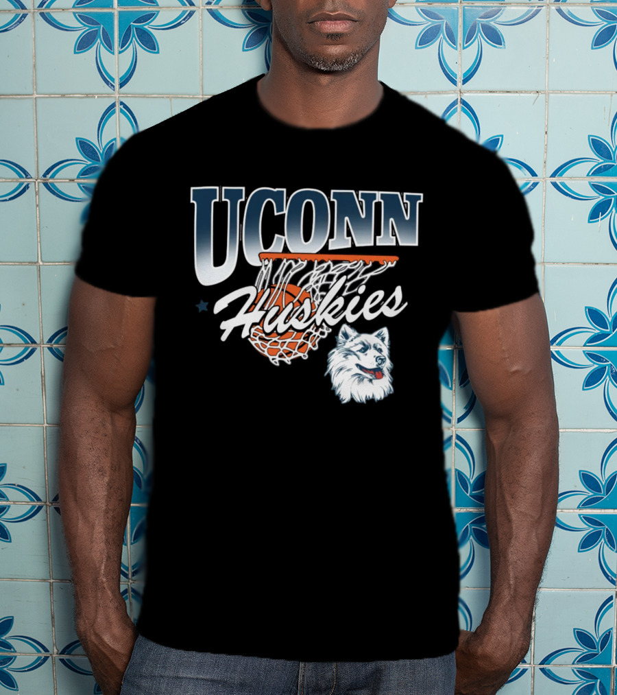 UConn Huskies Basketball Husky Mascot And Net T-Shirt