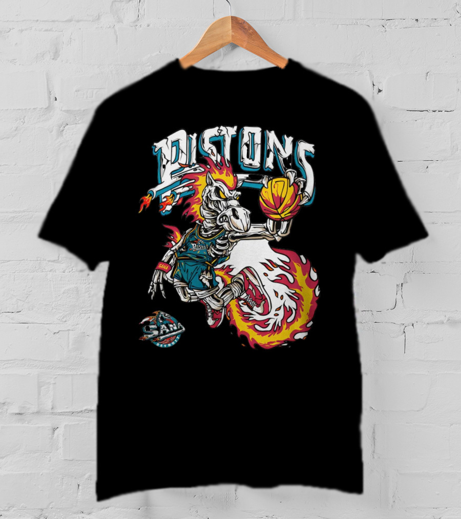 Sana Detroit Pistons Fiery Skeleton Basketball Dunk Pop-Up T-Shirt