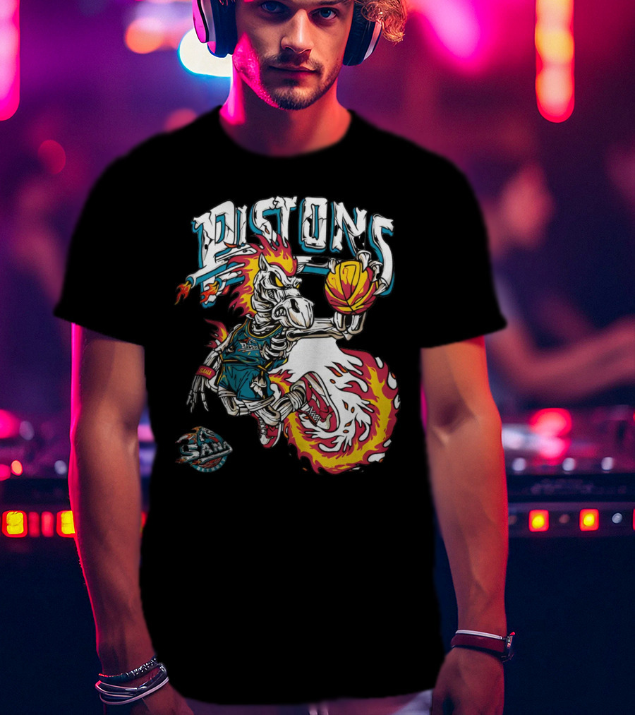 Sana Detroit Pistons Fiery Skeleton Basketball Dunk Pop-Up T-Shirt
