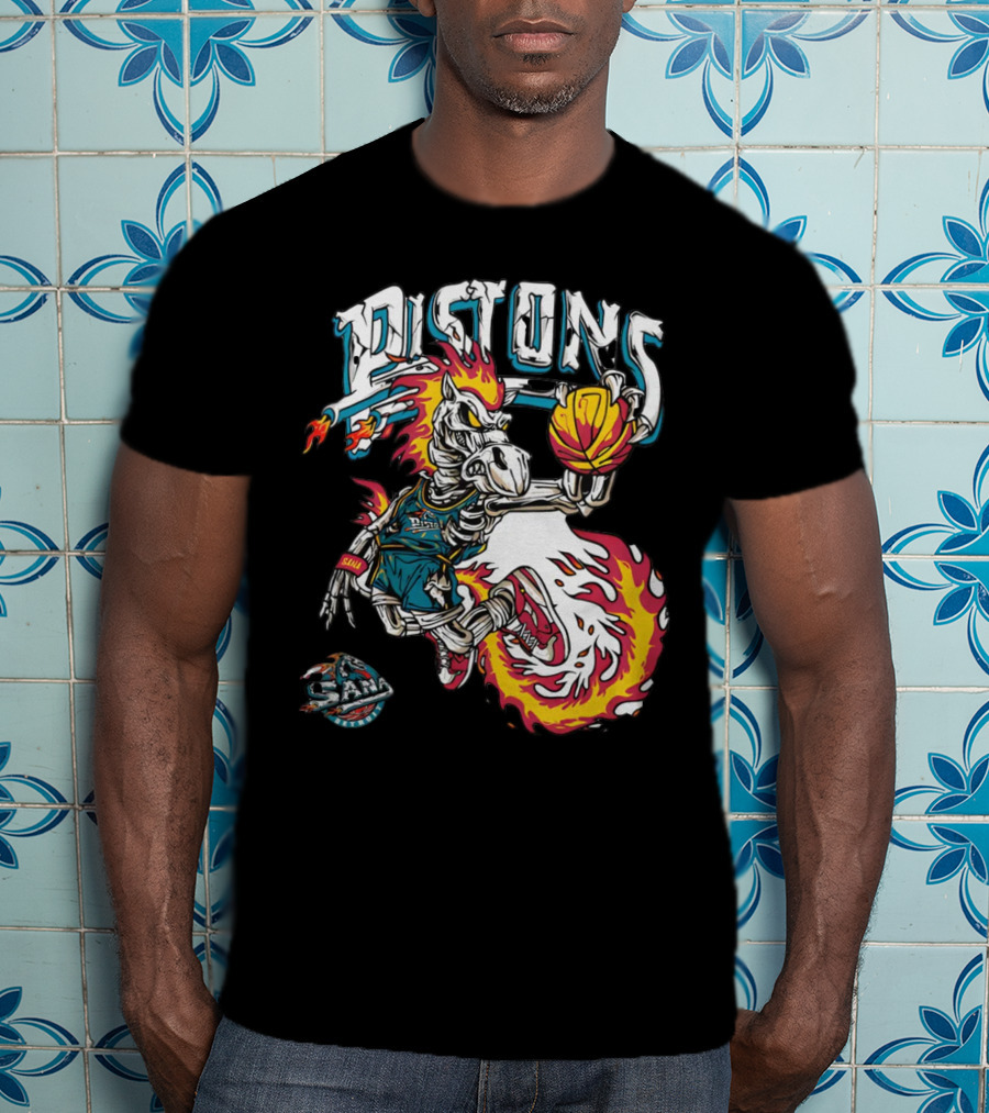 Sana Detroit Pistons Fiery Skeleton Basketball Dunk Pop-Up T-Shirt