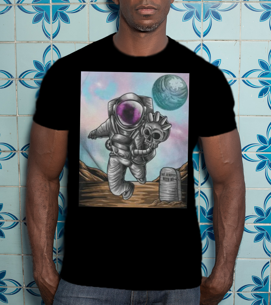 Slim Reaper Essential Youth Astronaut Skull Moon Tombstone He Jumped With Me T-Shirt