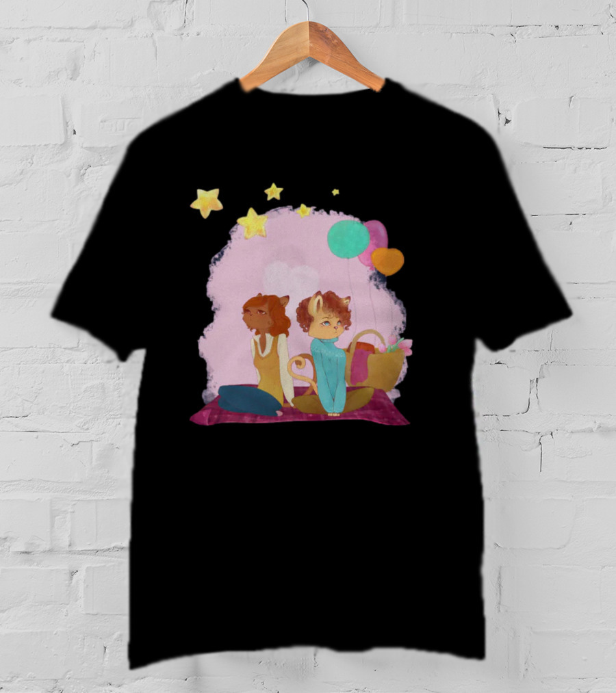 Cute Lesbian Fashion Relationship Cat Couple With Stars And Balloons T-Shirt