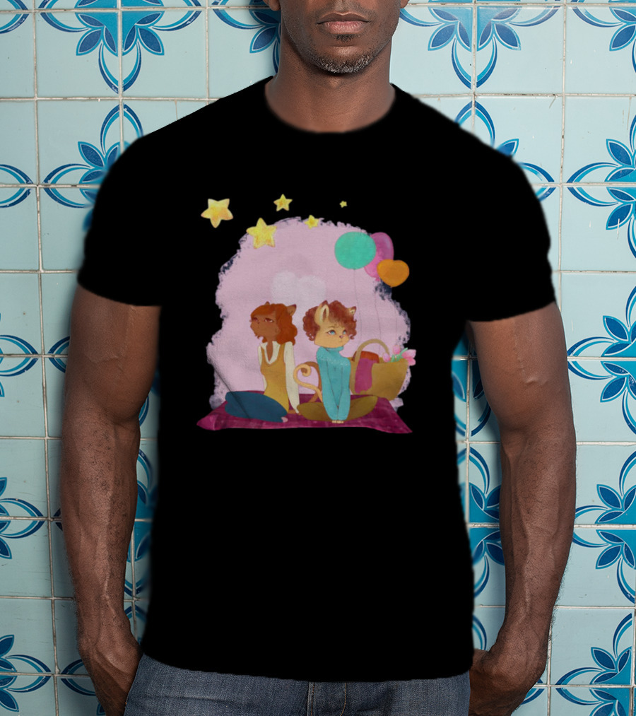 Cute Lesbian Fashion Relationship Cat Couple With Stars And Balloons T-Shirt
