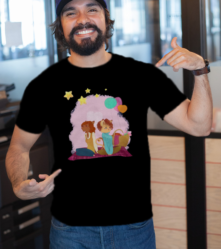 Cute Lesbian Fashion Relationship Cat Couple With Stars And Balloons T-Shirt