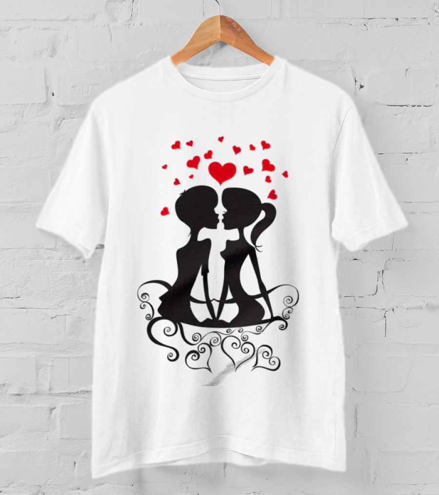 Lesbian Couple Kissing Romantic Silhouettes With Heart And Hearts T-Shirt