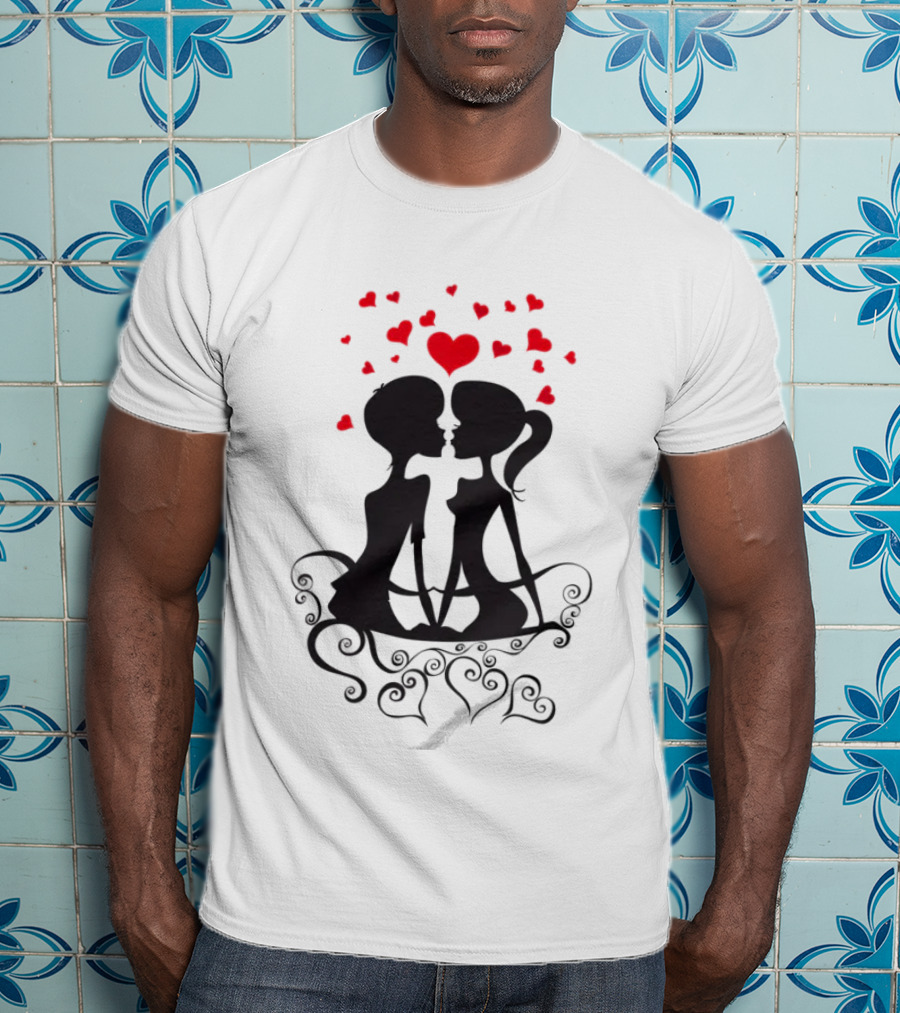 Lesbian Couple Kissing Romantic Silhouettes With Heart And Hearts T-Shirt