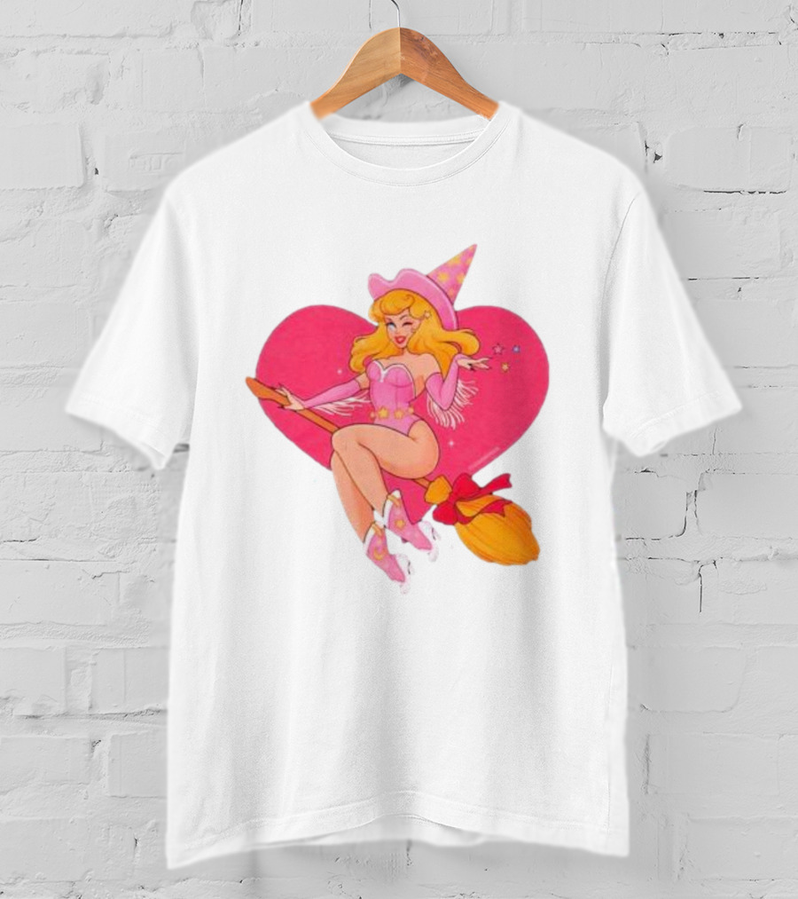 This Barbie Is A Witch Riding A Broomstick With Pink Heart Background T-Shirt