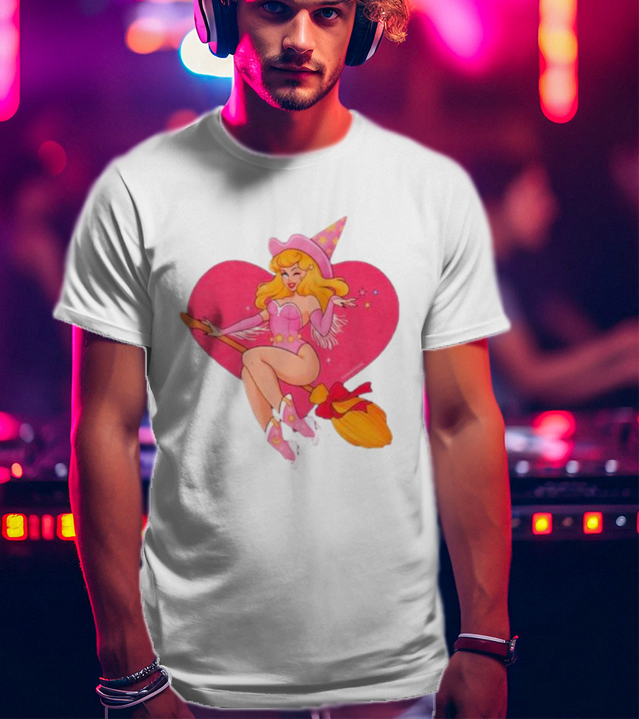 This Barbie Is A Witch Riding A Broomstick With Pink Heart Background T-Shirt